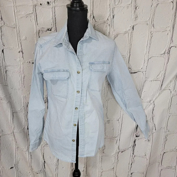 Goodfellow & Co Chambray Denim Button Down Shirt Double Breast‎ Pocket Womens S - Picture 1 of 6